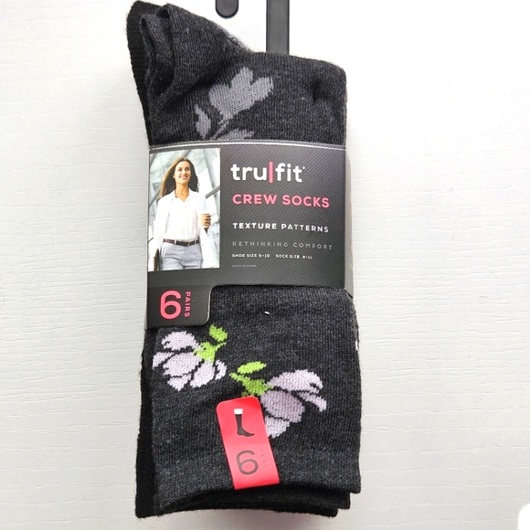 Trufit Accessories - Tru/fit Black Crew Socks‎ with Floral Pattern, 6 Pairs